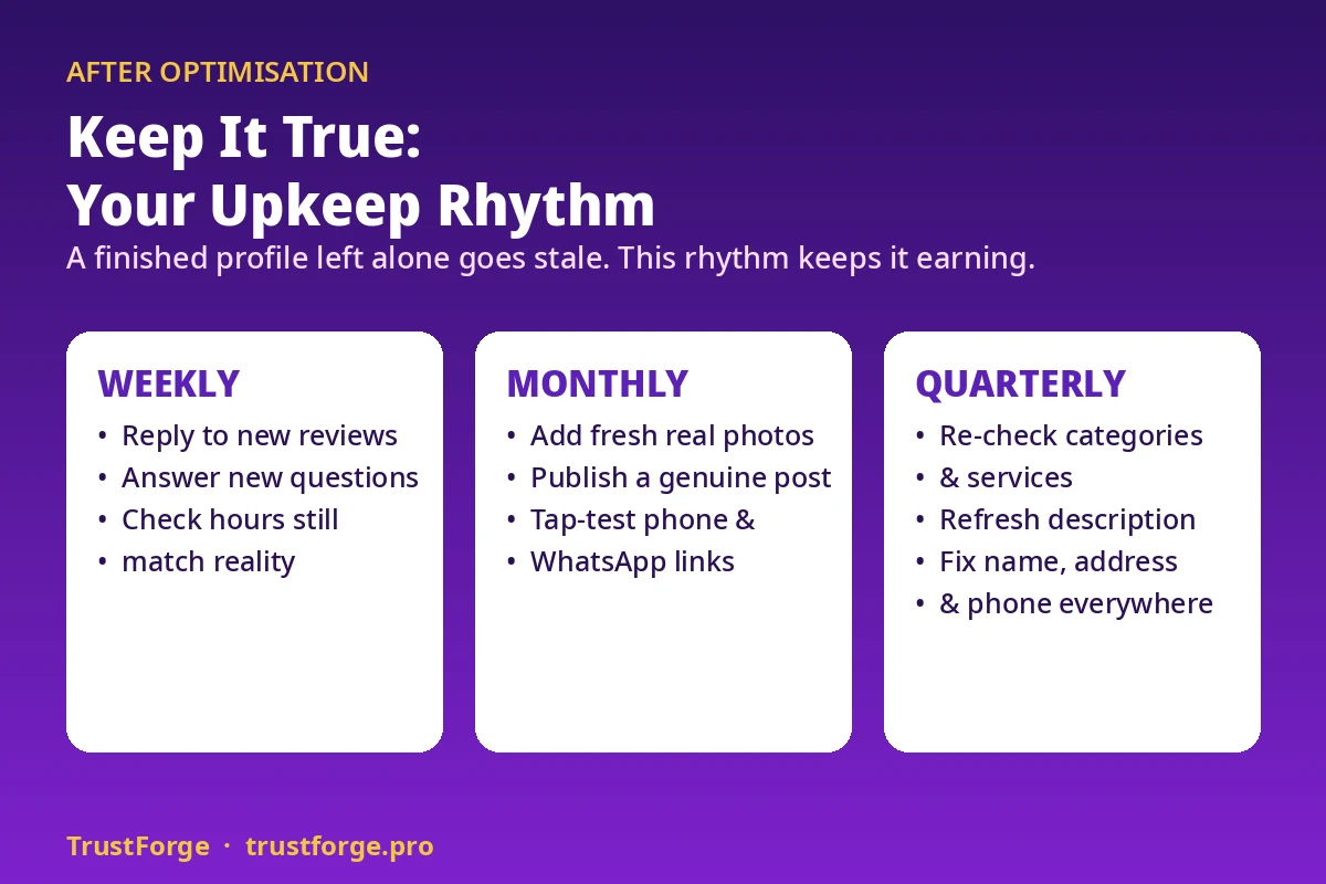 Google Business Profile upkeep rhythm for Saudi businesses: reply to reviews and questions weekly, add fresh photos and a post monthly, and re-check categories, services and contact details every quarter