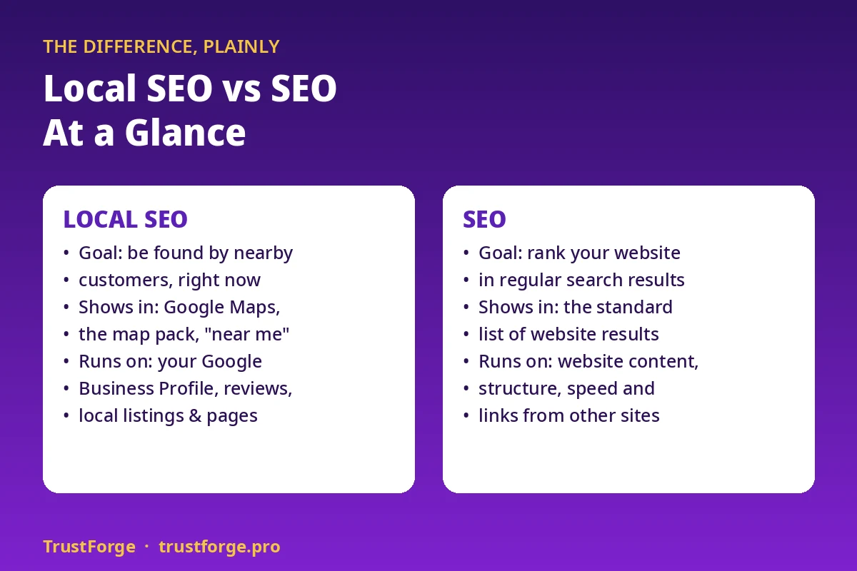 Local SEO vs SEO at a glance: local SEO helps nearby customers find a business in Google Maps and the map pack using its Google Business Profile, reviews and local listings, while SEO ranks a website in regular search results through its content, structure, speed and links