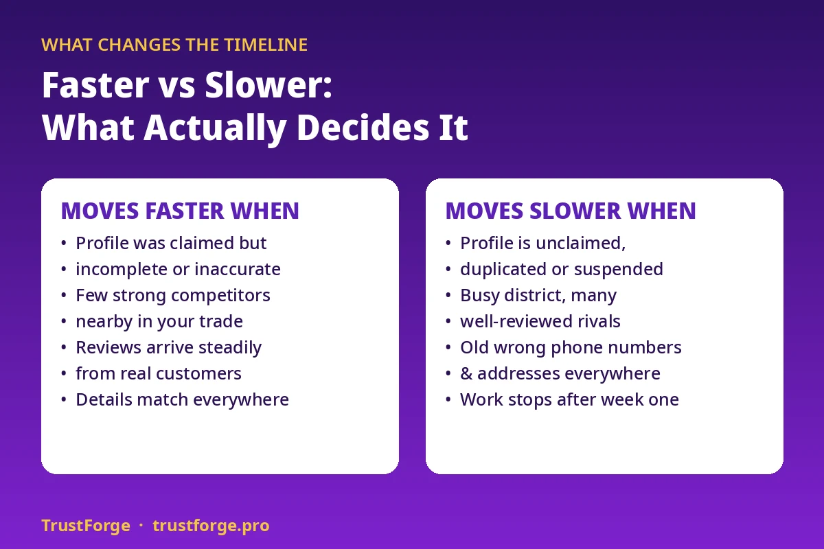 What decides how long local SEO takes: it moves faster when a claimed profile was only incomplete, competitors nearby are few, reviews arrive steadily and business details match everywhere; it moves slower when the profile is unclaimed or duplicated, the district is busy with well-reviewed rivals, old phone numbers remain published, or the work stops after the first week