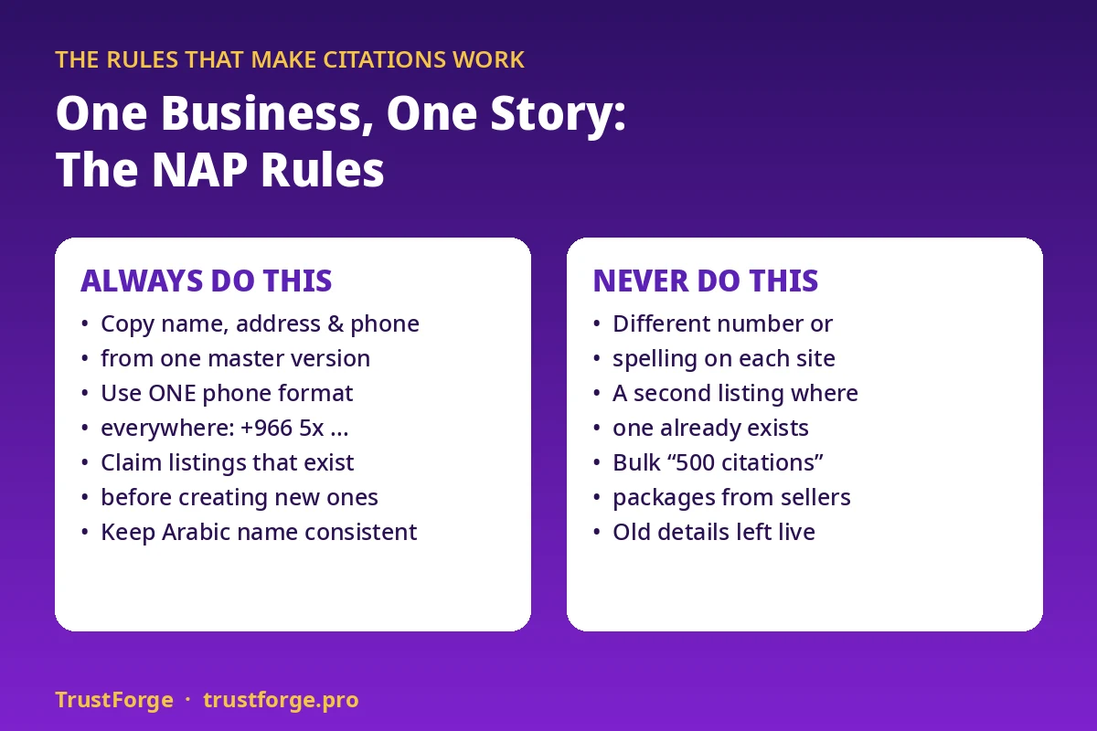 The NAP rules for Saudi citations: copy the business name, address and phone number character for character from your Google profile, use one format for the phone number everywhere, claim listings that already exist instead of creating duplicates, and update every listing the same day anything changes