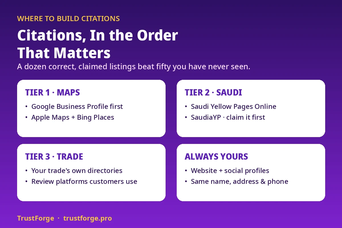 Where to build Saudi business citations in order: first the map and search platforms customers actually use, then the Saudi directories Saudi Yellow Pages Online and SaudiaYP, then the directories of your own trade, and your own social profiles with the same details