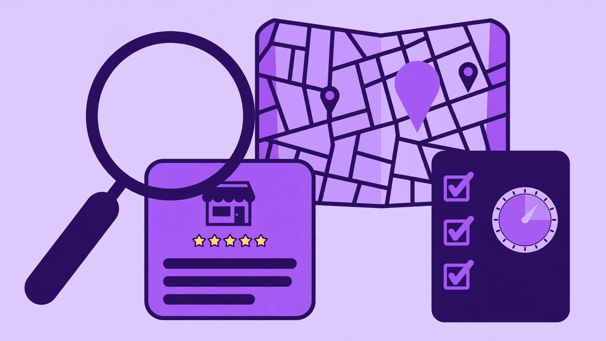 Free local SEO audit — a magnifying glass over a Google Business Profile and map rankings
