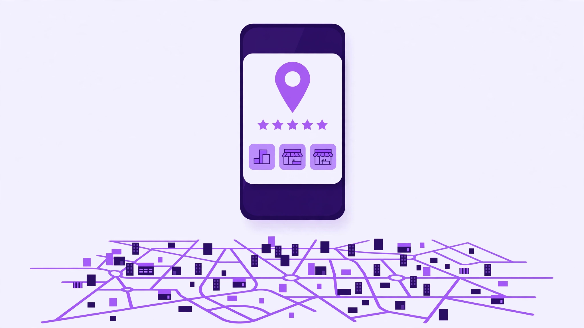 Google Business Profile optimization — business profile on a smartphone with a map pin and five-star rating above a city map