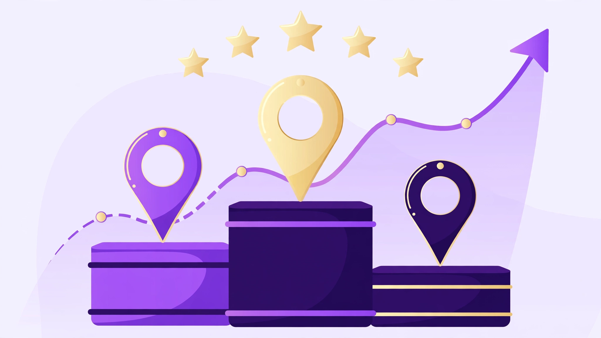 Three map pins on a podium with gold stars and a rising chart — ranking in the top three on Google Maps