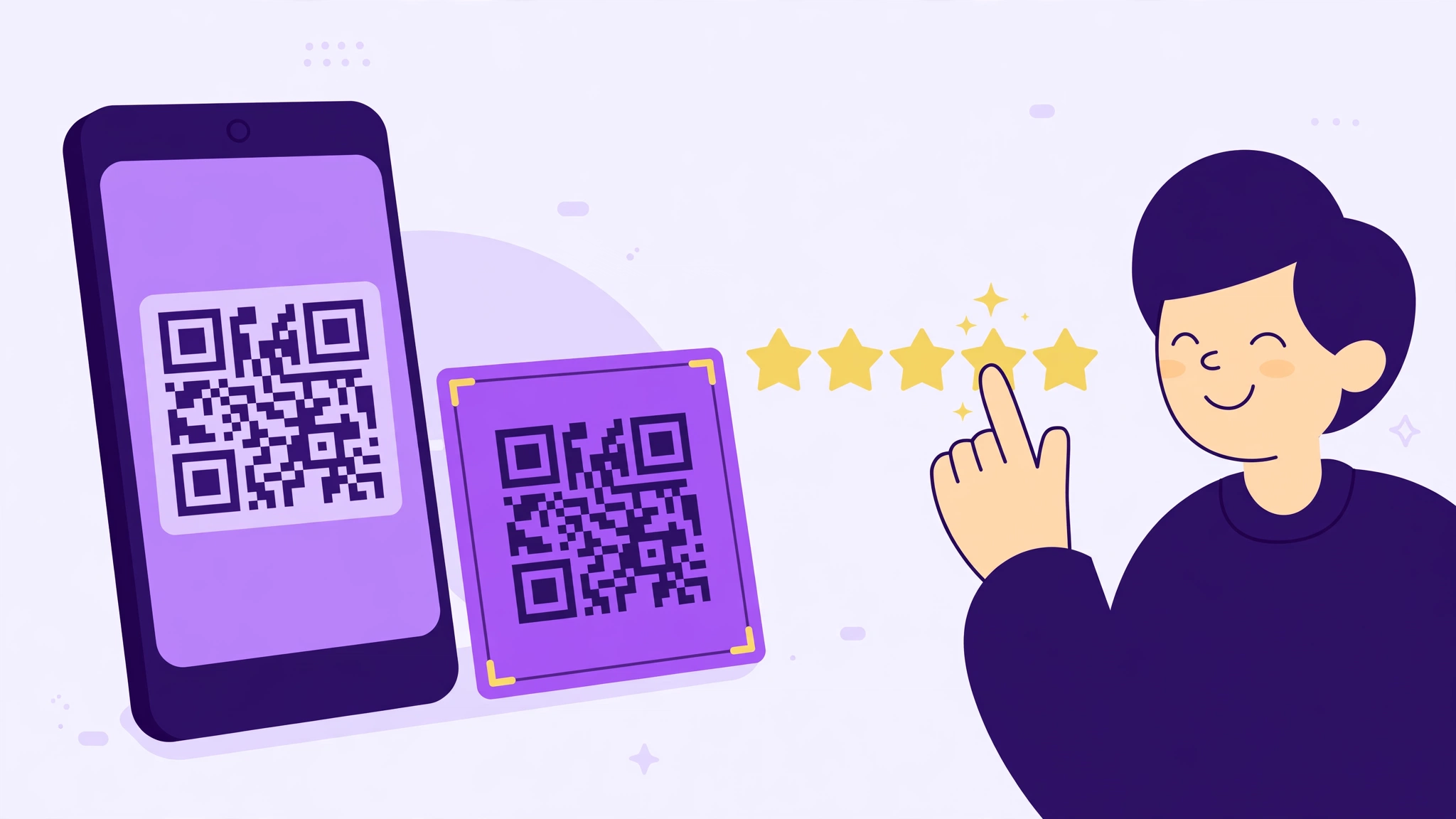 Asking for a review with a QR code — a customer leaving five stars on a phone