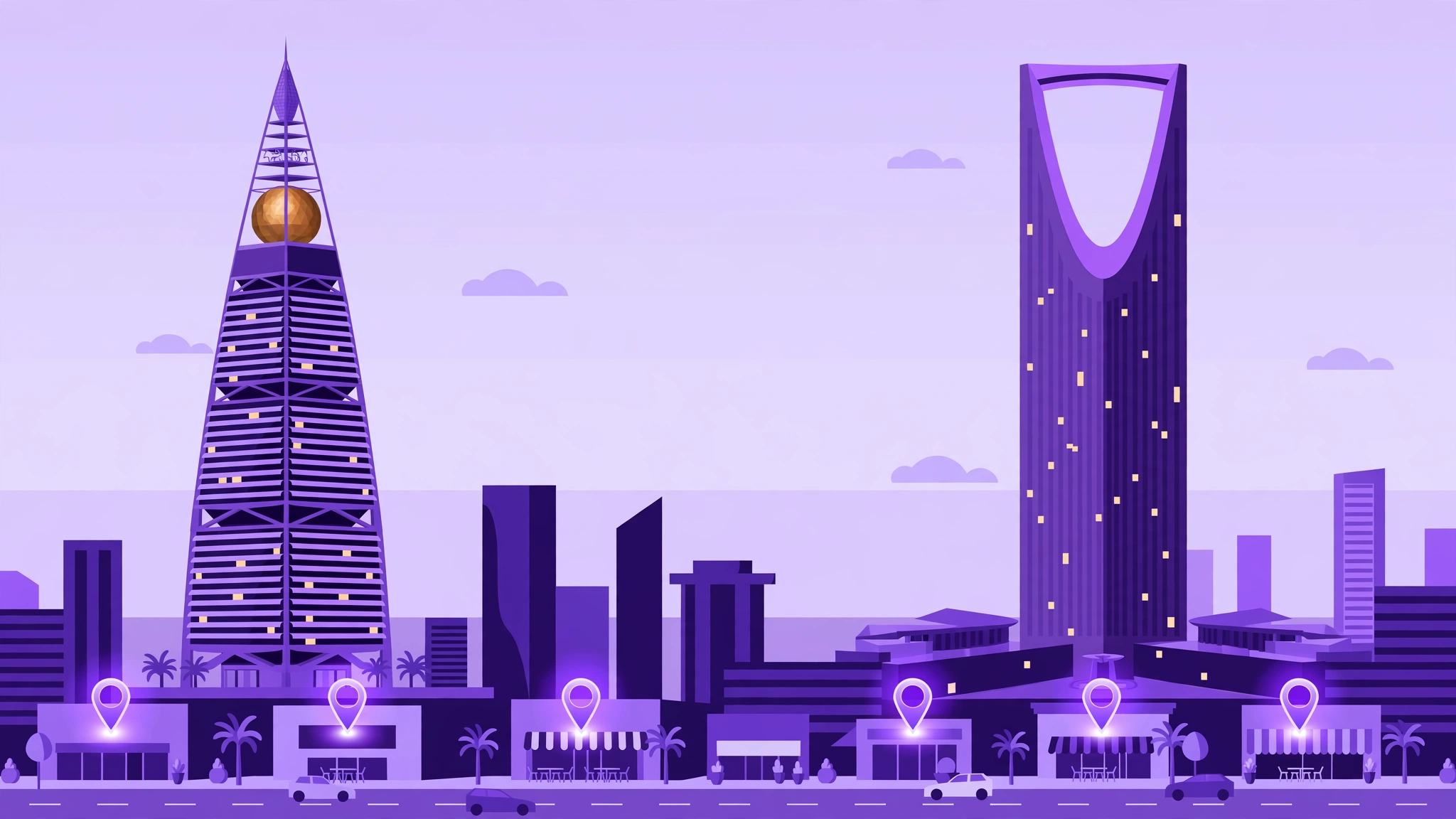 وكالة سيو محلي في الرياض — أفق مدينة الرياض وأبراجها مع شركات محلية على الخريطة